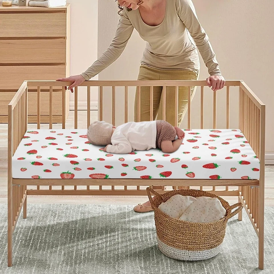 Sábanas de cuna de bebé fresa para niños niñas estampado de frutas cuna ajustada para soporte... Foto 4 de 4