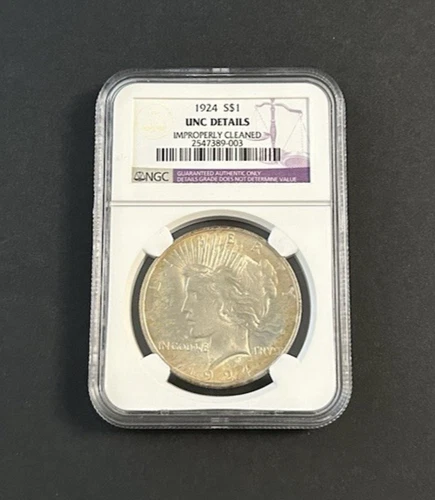 1924 Peace Dollar $1 - 90% Silver - NGC UNC Details Cleaned
