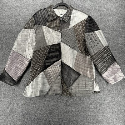 Vintage Anage Jacket Womens XL Silk Black Patchwork Button Up Abstract Artsy