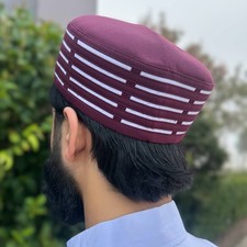 NEW Men's Premium Kufi Islamic Cap Muslim Turban Hat Handmade Topi - Red/White