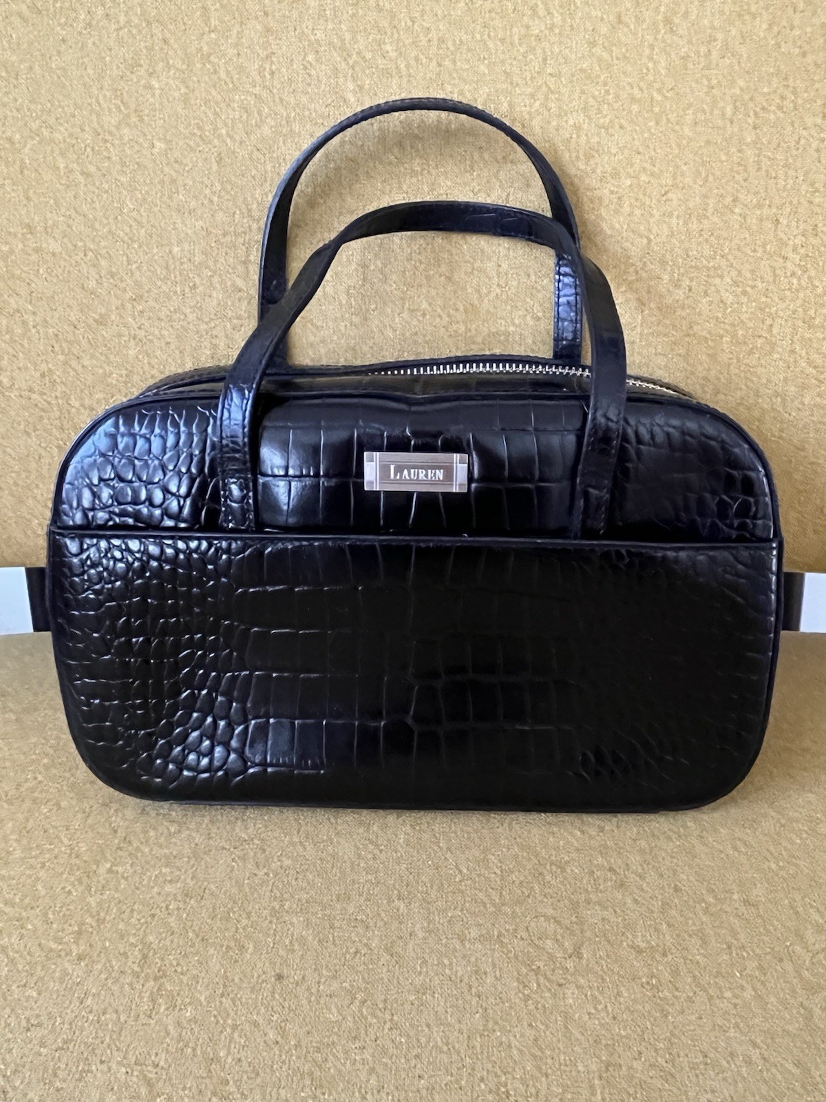 LAUREN RALPH LAUREN Crocodile-Embossed Black Leather Mini Hand Bag