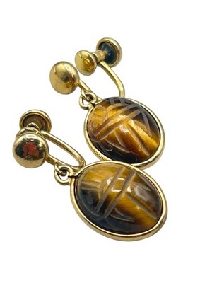 Vintage Gold Filled Scarabs Earrings Screw back Tiger Eye Dangles Carved Stones