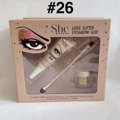 4-She Makeup Gold Glitter Eyeshadow Glue, Loose Glitter & Brush Set