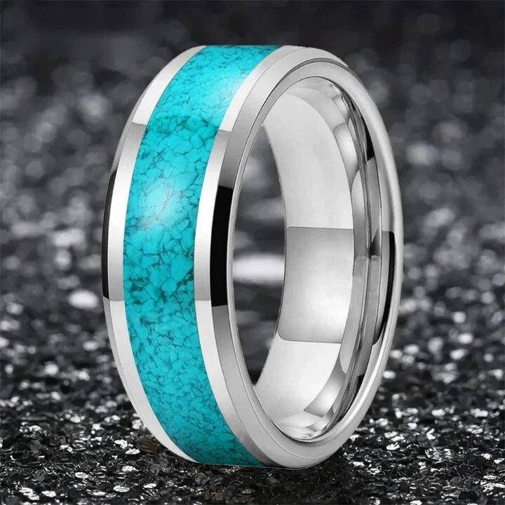 Anillo cómodo con incrustaciones de turquesa fragmentado anillo de carburo de tungsteno de 8 mm para hombres y mujeres Foto 3 de 4