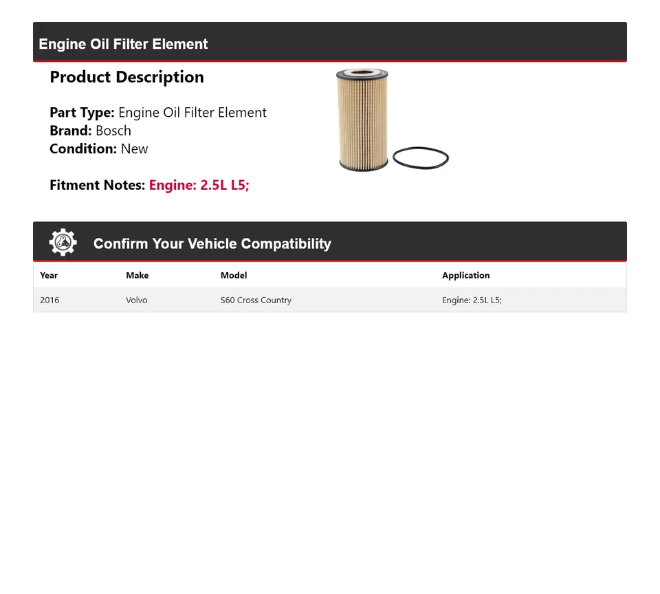 Масляный фильтр премиум-класса для 2016 Volvo S60 Cross Country 2,5 л L5 Bosch - Изображение 2 из 4