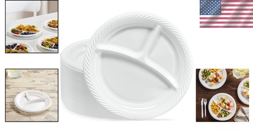 Modern Reusable 9-Inch White 3-Compartment Dinner Plates - Perfect for Any Event - Picture 2 of 9