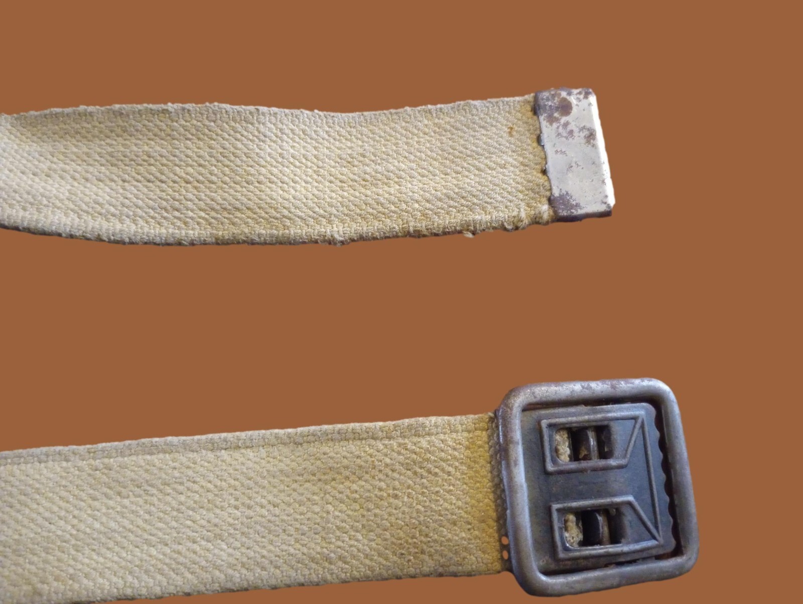 MILITARY ISSUE FRENCH ARMY KHAKI WEB BELT WITH OPEN FACE BUCKLE LARGE WWII ERA