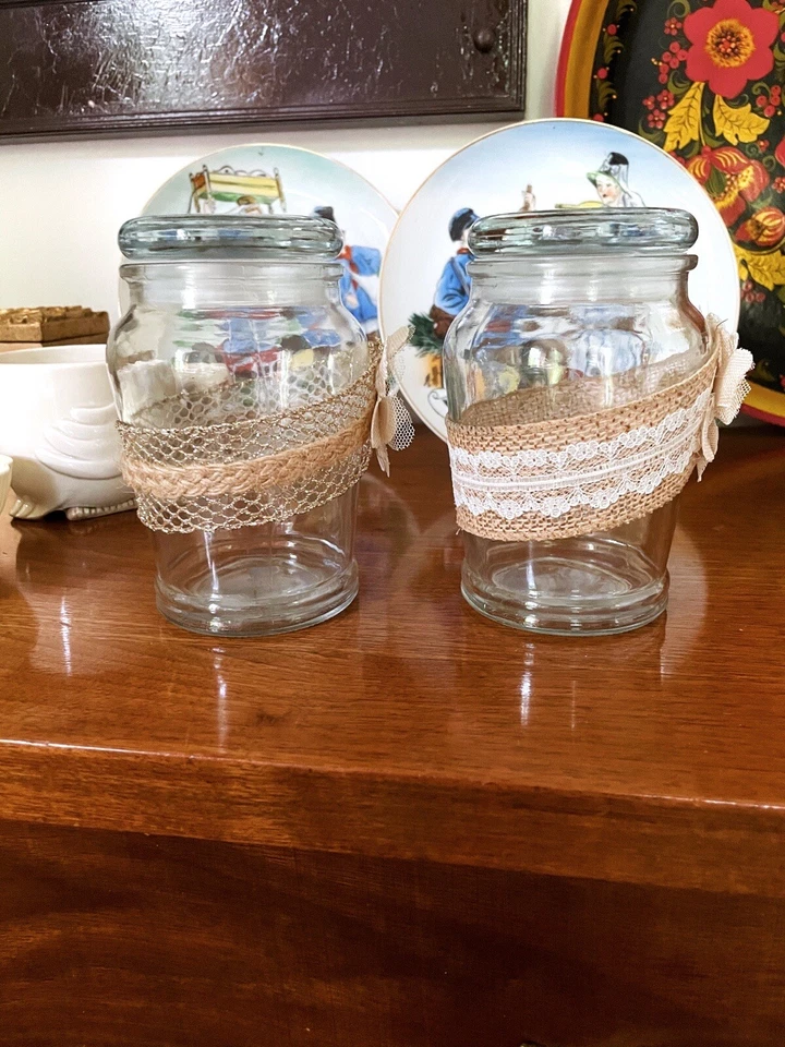 Burlap Lace Floral Lidded Glass Jars Rustic Shabby Chic Home Decor Storage Lot 2 - Image 3 of 4