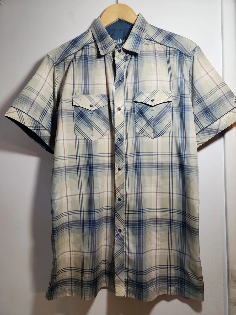 Kuhl Shirt Mens Medium Blue Plaid Eluxur Short Sleeve Pearl Snap Outdoors  Logo