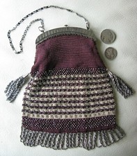 Antique Burgundy Crochet Silver French Steel Micro Bead Fringe Purse 1800s