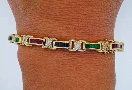 4.30CT 14K Yellow Gold Over Tennis Bracelet Ruby Sapphire & Emerald 935 Silver - Image 4 of 4