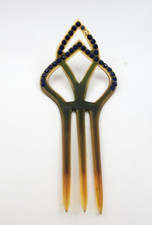 VICTORIAN HAIR COMB BLUE RHINESTONES LARGE EDWARDIAN CELLULOID HAIR FORK 1900'S