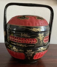 Vintage Chinese Wedding Basket Hand Painted Black Lacquer Gold Bamboo