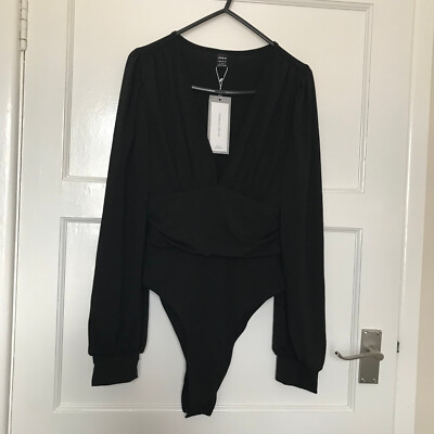 Brandneu mit Etikett Shein Bizwear geraffter Body mit Laternenärmeln und tiefem Ausschnitt Größe 8 Small