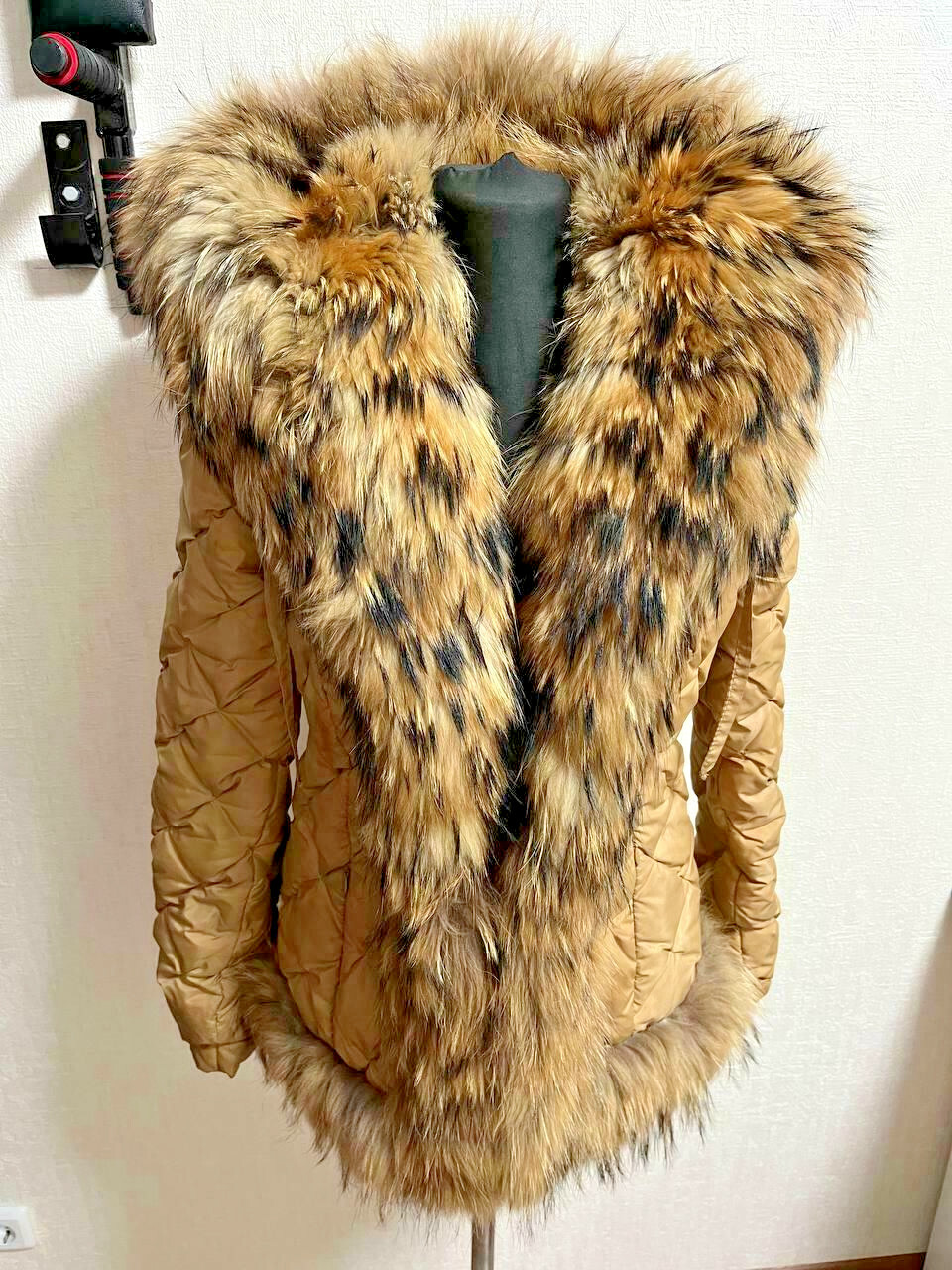 Beige Puffer Coat Real Raccoon Fur Trim 
