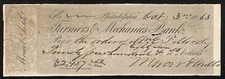 Mercer & Antelo Farmers and Mechanics Bank Phila. 1863 Bank Check - Underprint