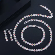 CZ Round Wedding Tennis Necklace Bracelet Earrings for Women Party Jewelry Set