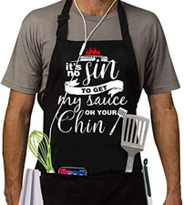  Funny Black Chef Aprons for Men It's No Sin to Get My Sauce on Your Chin