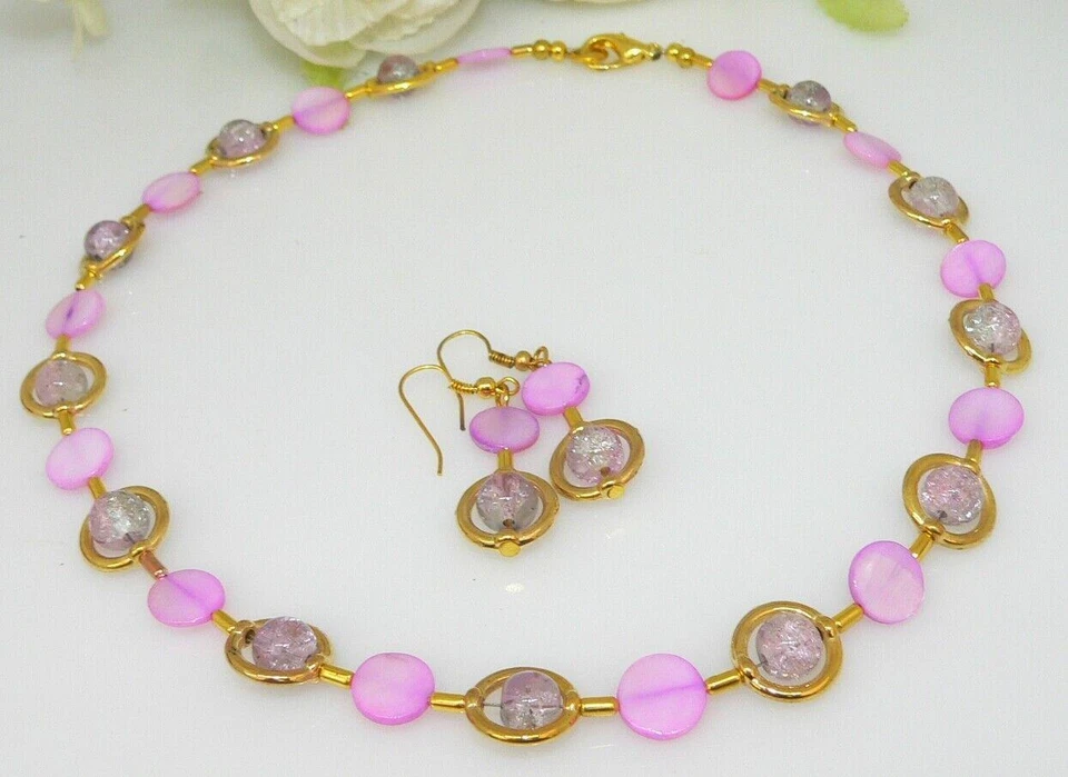 2er Schmuckset Halskette Ohrring Perlmutt Glasperle crash violett pink gold 297g - Bild 2 von 4
