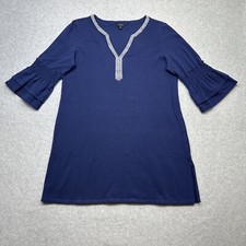 Talbots Shift Dress Large Blue Embroidered Cotton Knit Bell Sleeve Party Career