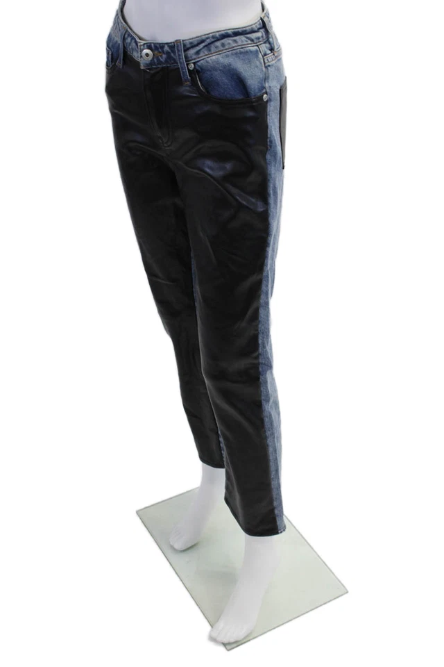 Jonathan Simkhai Womens Mid Rise Faux Leather Front Straight Jeans Black Blue 26 - Image 2 of 4