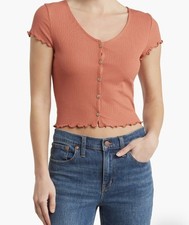 Madewell Ribbed Button-Front V-Neck Tee Short Slv Blouse XXS Coral NWOT NJ806
