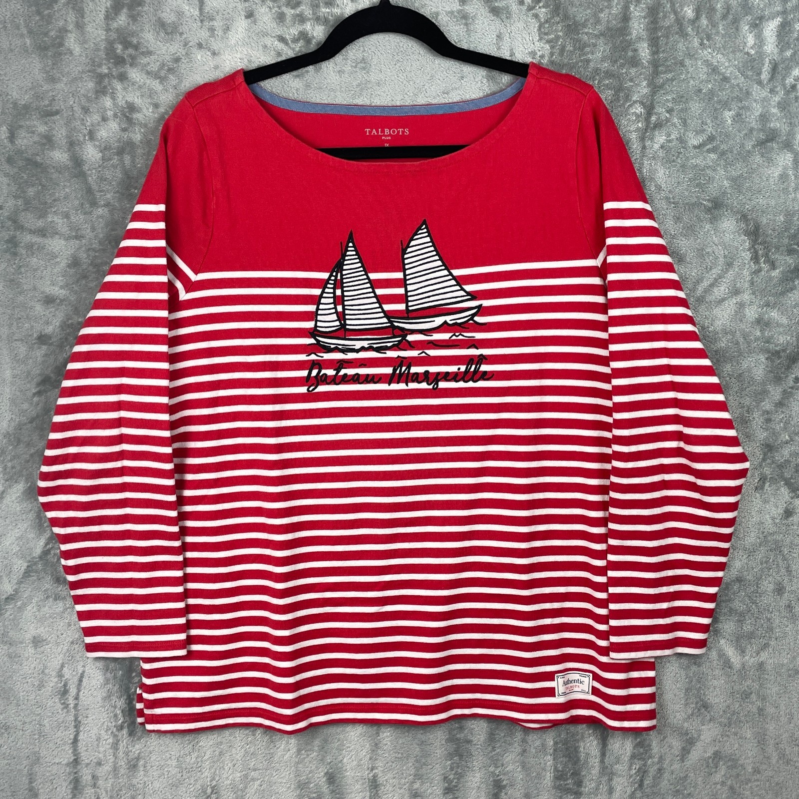 Talbots Top Size 1X Red White Striped Embroidered Sailing Boat Nautical Shirt