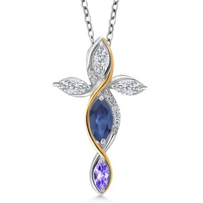 Cross Necklace For Women In 925 Silver and 10K Yellow Gold with Sapphire and