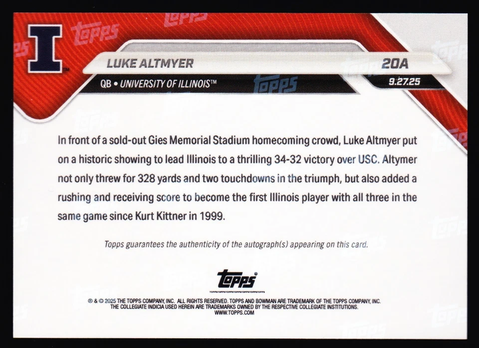 Luke Altmyer Illinois Auto ties Kurt Kittner vs USC 2025 Bowman U Now Black 4/10 - Image 2 of 2