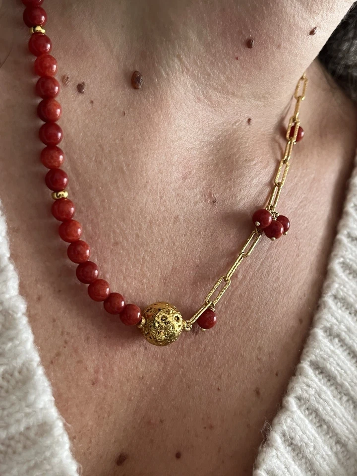 Collana Giada Rosso Corallo Catena,Chiusura Argento 925 Dorata Fatta A Mano 4in1 - Immagine 4 di 4