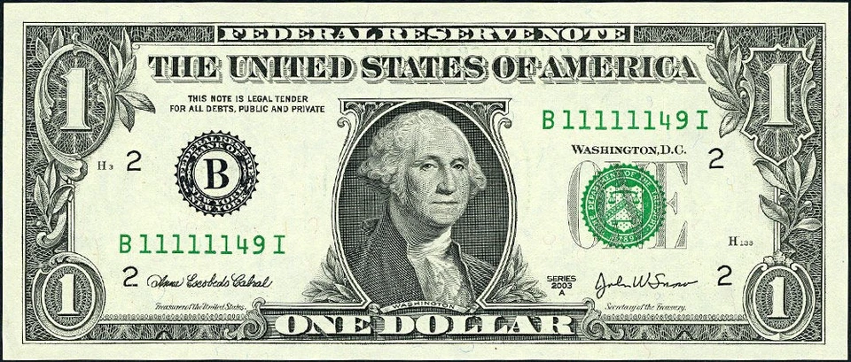 FR. 1930 B $1 2003-A Federal Reserve Note Fancy Serial B11111149I B-I Block CU - Image 2 of 3