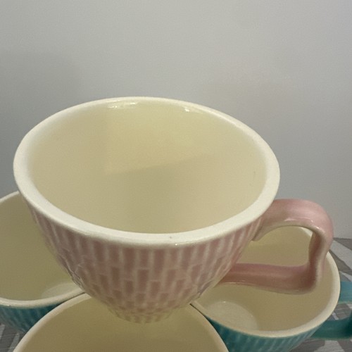 Red Wing Pottery Driftwood 1950s 3 Blue & 1 Pink Basket Weave Cup Set Of 4 - Picture 2 of 9