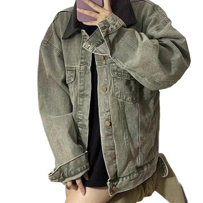 Kontrastfarbene Patchwork Jacke Vintage Jeansmantel Langarm normale Länge