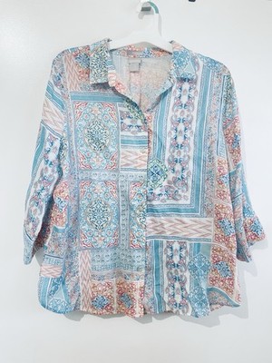 Vintage-Style Patchwork Tile Print Linen Top Boho Chic Flowy Beach Blouse XL