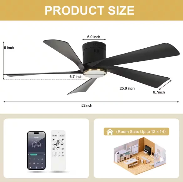 TOZING 52 in. Smart Indoor Black Low Profile Standard Flush Mount Fan Light - Image 3 of 4