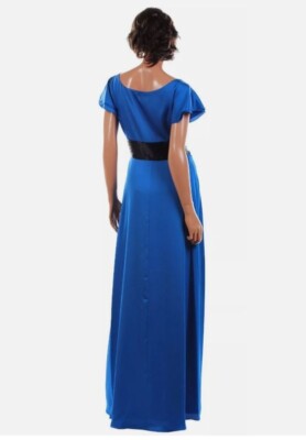 NWT 495 BCBG MAXAZRIA DRESS LONG GOWN BLUE BACK 0 XS SATIN Ruffle cap  sleeves | eBay