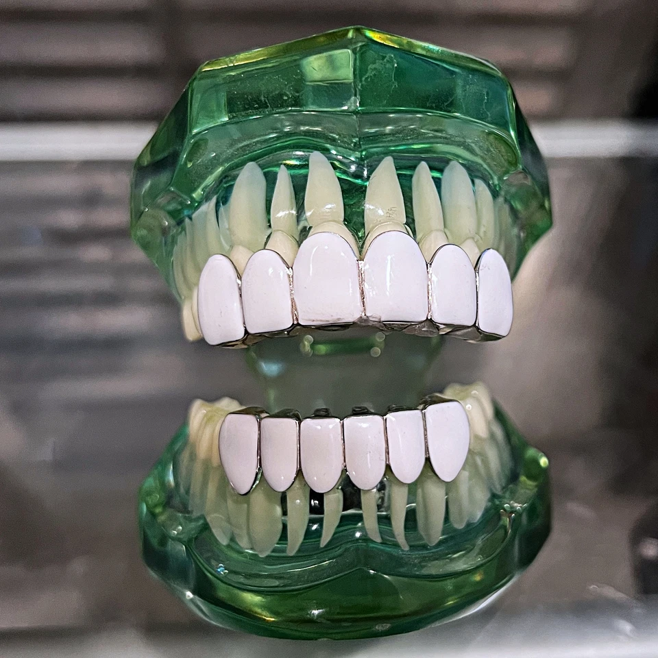 Real Solid 925 Sterling Silver White Enamel Grillz Top & Bottom Teeth Grills Set - Image 2 of 4