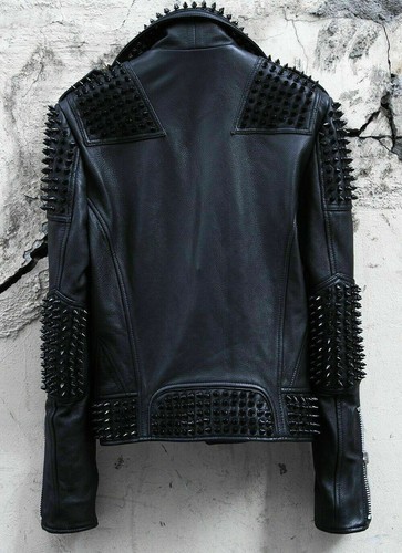 Herren Full Punk schwarz Metall Stachel Nieten Echtleder Bikerjacke mit Taschen - Bild 2 von 4