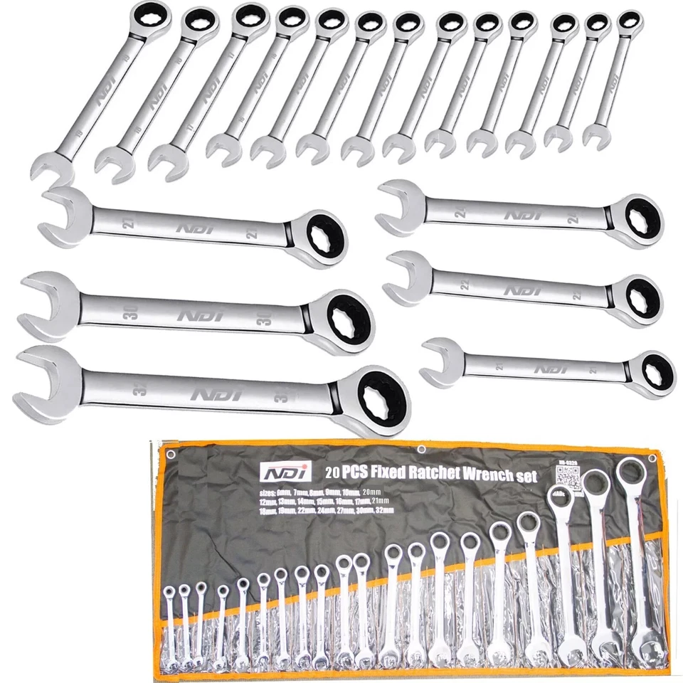 NDI 20Pcs 6MM-32MM Ratchet Spanner Set Metric ND-0366 + Rolling Bag