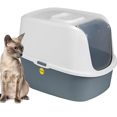 Hooded Cat Litter Tray Box Toilet Loo Charcoal Filter Deep Dark Grey Flap Door - Image 1 of 4