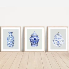 Blue & White Vase Art Prints - Set of 3 Giclée Illustrations (21 x 29.7 cm)