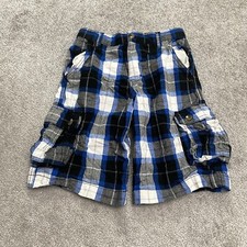 Faded Glory Cargo Shorts Kids Boys 14 Blue Plaid Cotton Casual Outdoor 26x10
