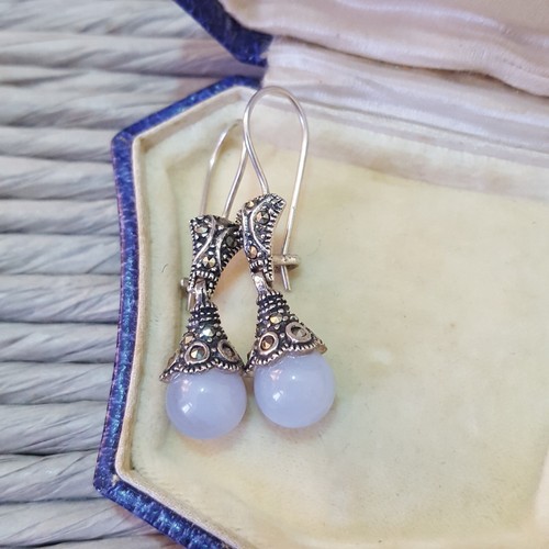 Vintage 925 Sterling Silver Earrings, Blue Agate, Art Deco Style, Designer - 第 1/6 張圖片