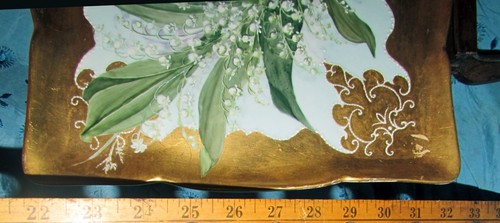 antique Jean Pouyat Limoges tray hp lilies of the valley foliage gold moriage - Afbeelding 4 van 7
