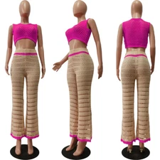 Women Hollow Out 2PC Set O-Neck Knitted Crop Top+ Hight Waist Slim Pants #JS3
