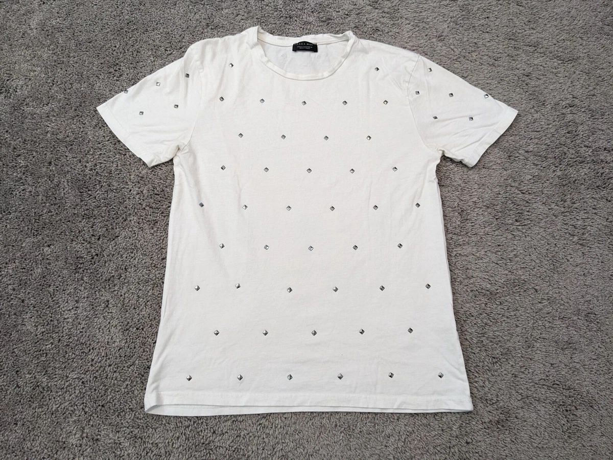 Zara Man T Shirt Men s Medium White Short Sleeve Studded