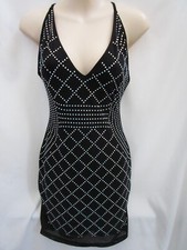 Sexy Black Silver Rhinestone Body con Tight Mini Dress Club Small S EUC