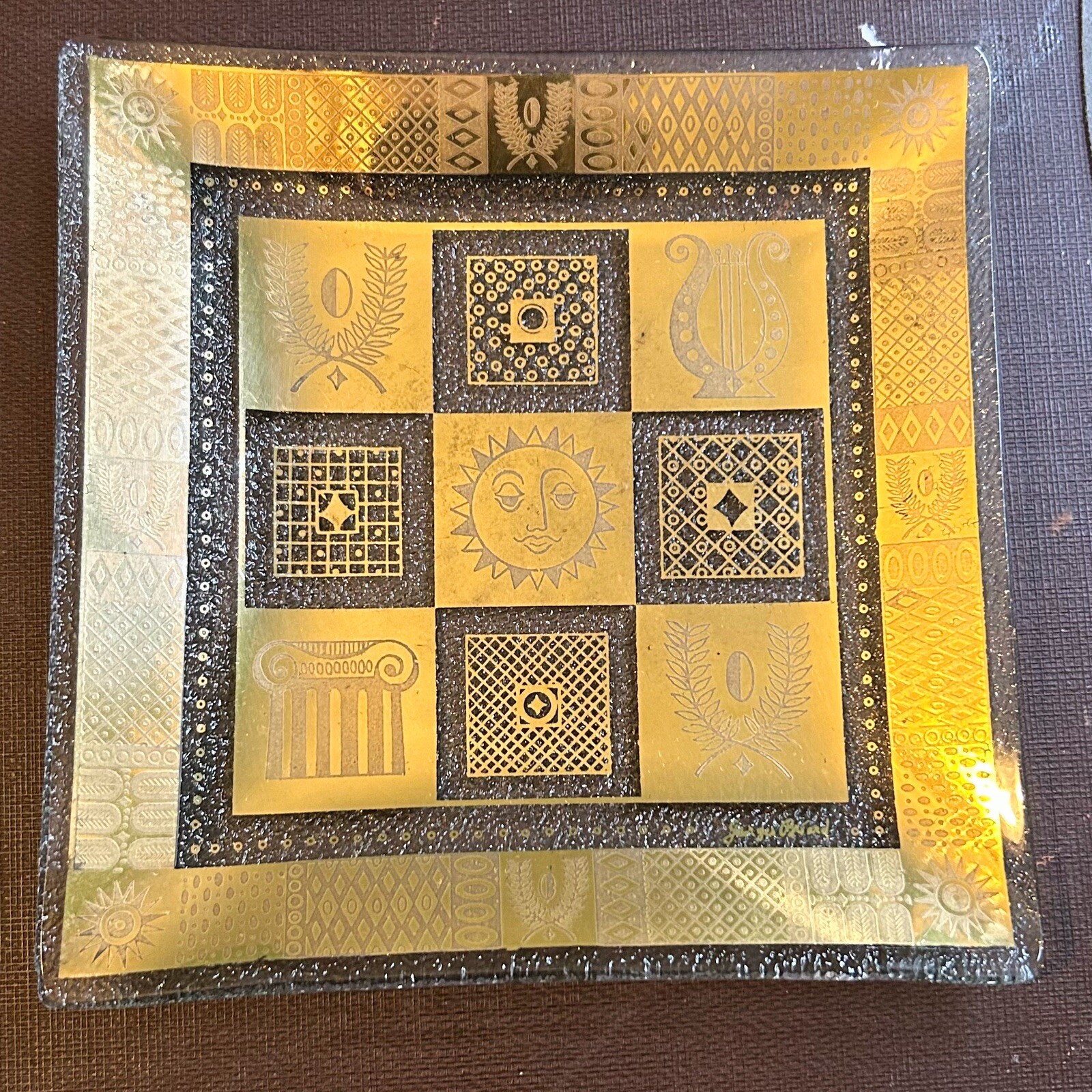 Mid Century MCM Georges Briard Square Bent Glass Dish Gold Sun Lyre Motif