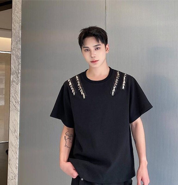 Summer Korean style personalized metal zipper shoulder pad short sleeves for men