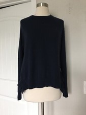 AUTUMN CASHMERE 100 PURE CASHMERE RUFFLE SIDES NAVY BLUE PULLOVER SWEATER SZ S